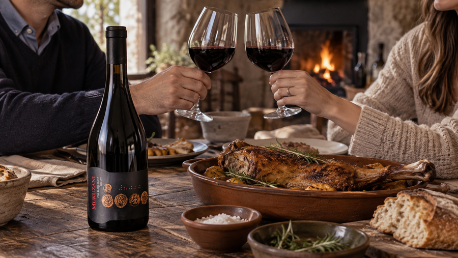Dos personas brindan con vino tinto junto a una botella de Mukuzani y una pierna de cordero asado con romero, frente a una chimenea encendida