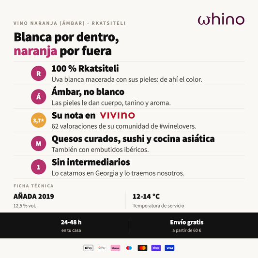 Atributos del Rkatsiteli ambar: uva blanca macerada con pieles, 3,7 en Vivino y maridaje con quesos curados y sushi