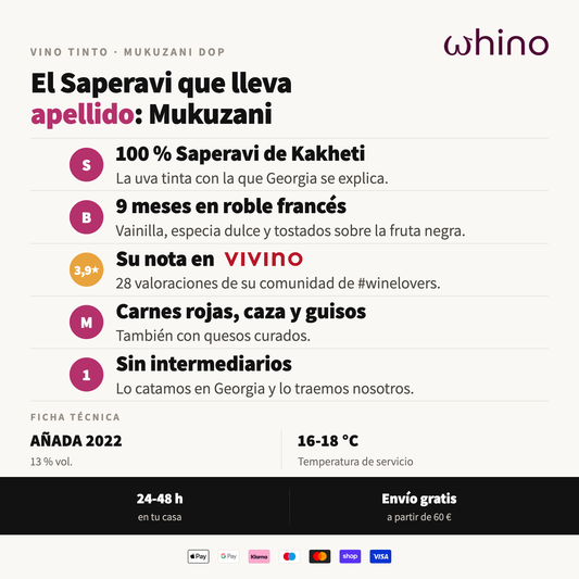 Atributos del Mukuzani DOP: 100 % Saperavi de Kakheti, 9 meses en roble frances, 3,9 en Vivino y maridaje con carnes rojas
