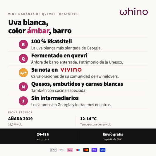 Atributos del Rkatsiteli de qvevri: uva blanca macerada con pieles, color ambar y maridaje con quesos y carnes blancas