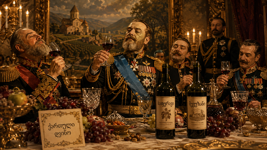Oficiales soviéticos brindando con vino tinto georgiano junto a botellas de Saperavi y Mukuzani