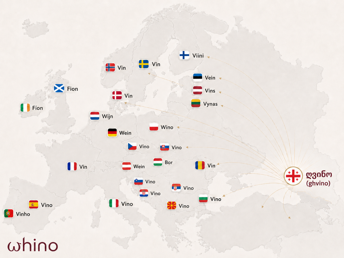 Mapa de Europa y el Cáucaso mostrando cómo se dice vino en cada idioma, con la palabra georgiana ghvino como origen