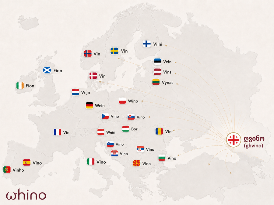 Mapa de Europa y el Cáucaso mostrando cómo se dice vino en cada idioma, con la palabra georgiana ghvino como origen