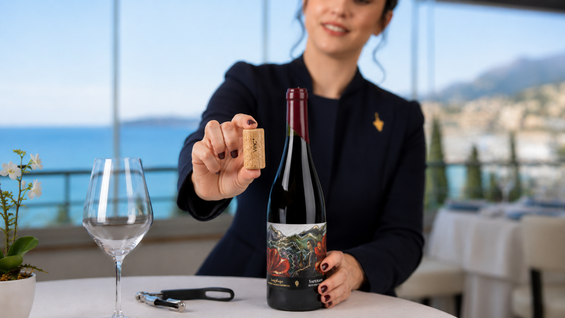 Sumiller mostrando el tapon VINC de Cork Supply de una botella de Saperavi georgiano con cera