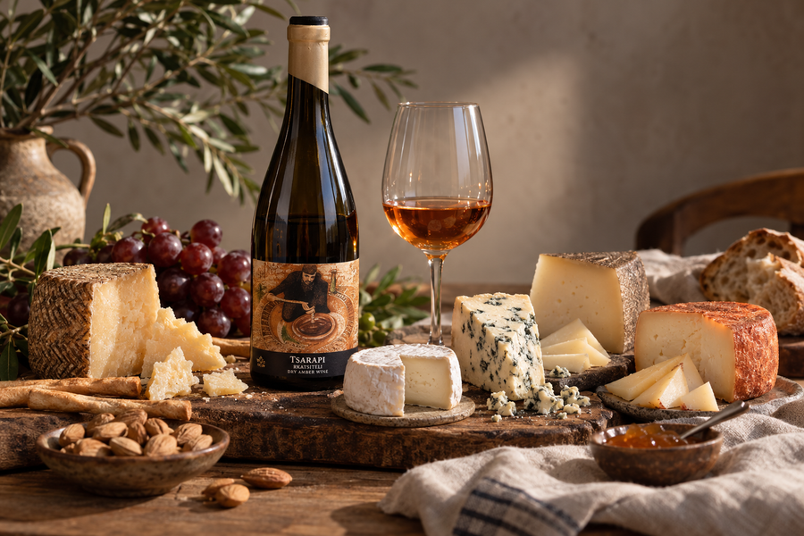 Botella de Tsarapi y copa de vino ámbar junto a manchego curado, tetilla y queso azul, con nueces, miel y membrillo