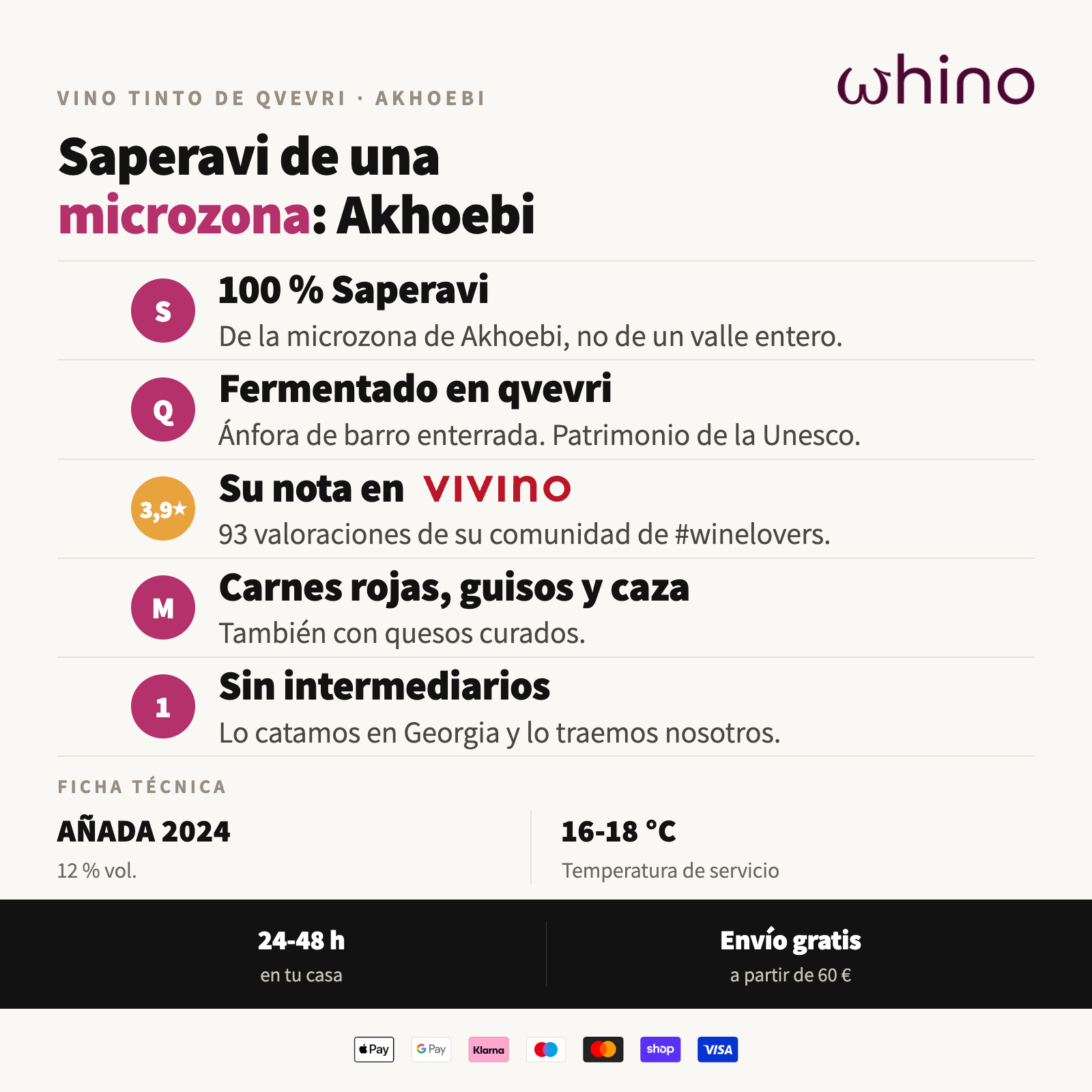 Atributos del Akhoebi Saperavi: Saperavi de la microzona de Akhoebi, fermentado en qvevri y maridaje con guisos y caza