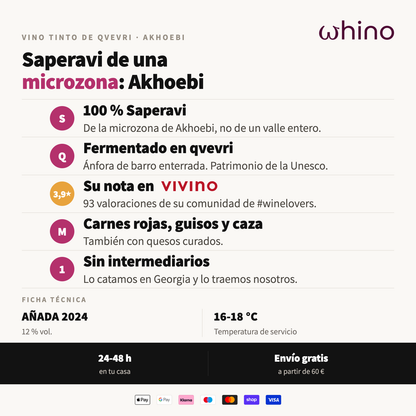 Atributos del Akhoebi Saperavi: Saperavi de la microzona de Akhoebi, fermentado en qvevri y maridaje con guisos y caza