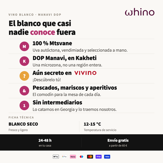 Atributos del Manavi Mtsvane: uva autoctona Mtsvane, denominacion de origen en Kakheti y maridaje con pescados y aperitivos