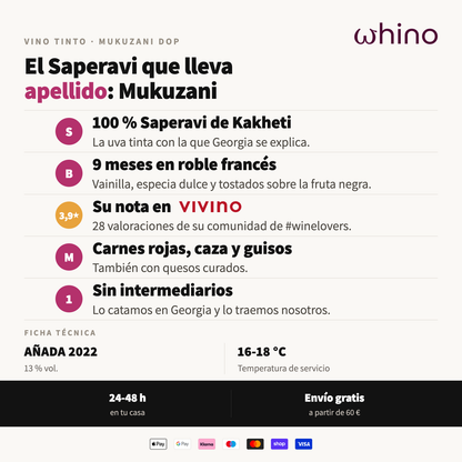 Atributos del Mukuzani DOP: 100 % Saperavi de Kakheti, 9 meses en roble frances, 3,9 en Vivino y maridaje con carnes rojas
