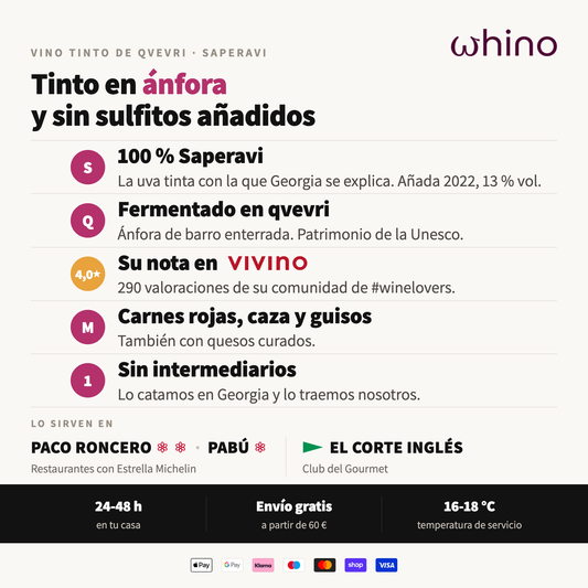 Atributos del Saperavi de qvevri: 100 % Saperavi, sin sulfitos anadidos, 4,0 en Vivino y maridaje con carnes rojas