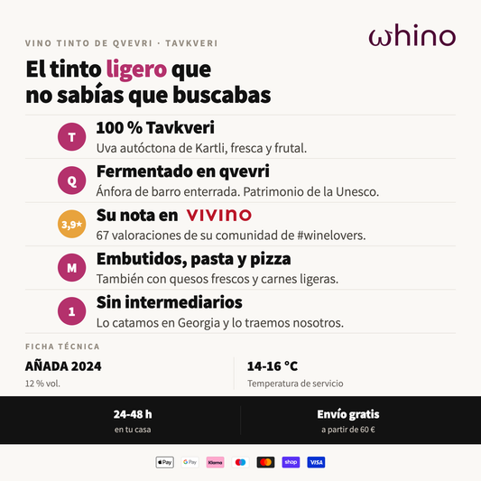 Atributos del Tavkveri: uva autoctona de Kartli, fermentado en qvevri, 3,9 en Vivino y maridaje con embutidos y pasta