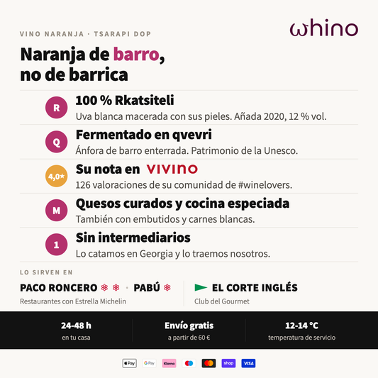 Atributos del Tsarapi DOP: 100 % Rkatsiteli, fermentado en qvevri, 4,0 en Vivino y maridaje con quesos curados